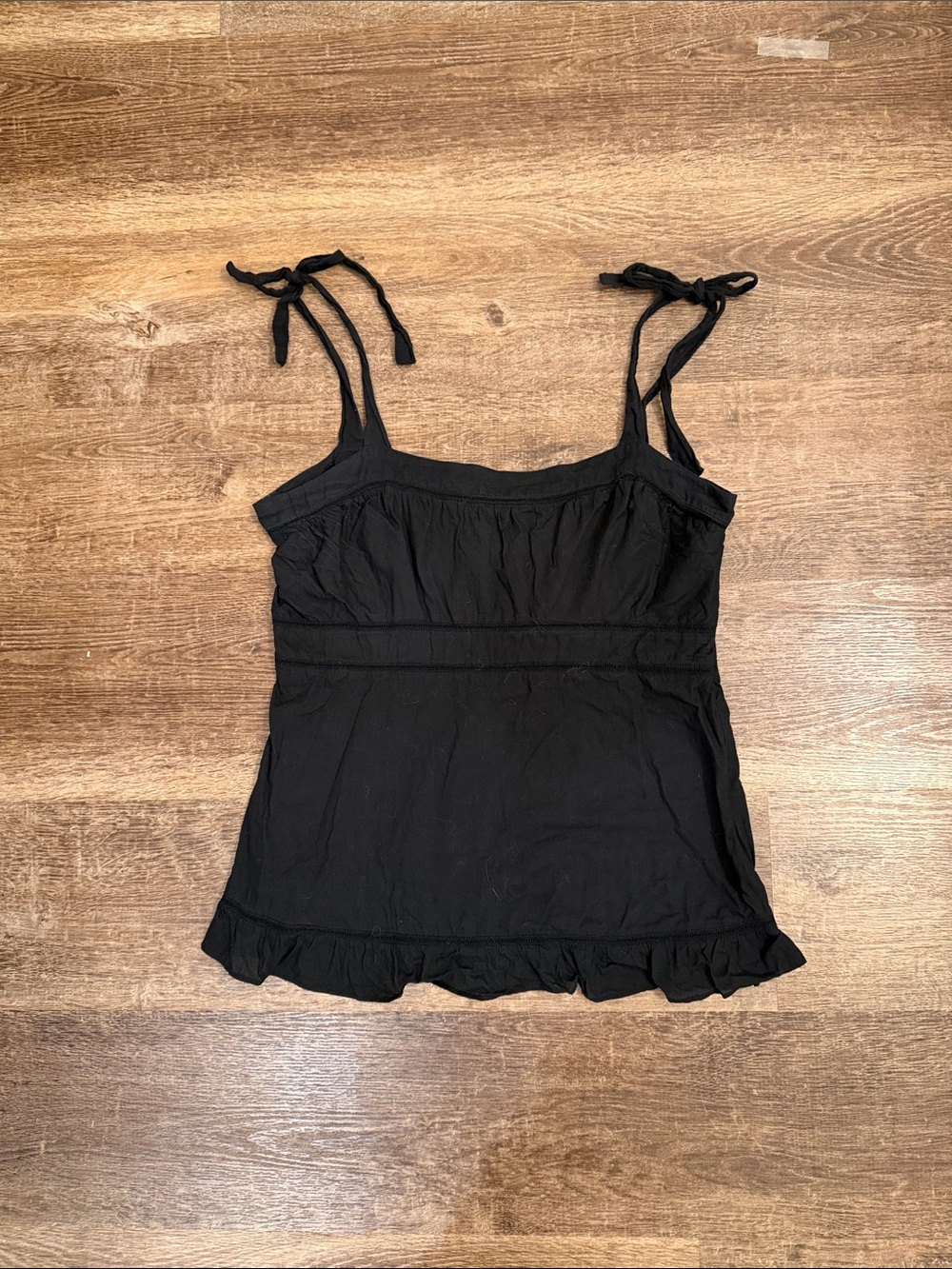 100% Cotton Odille Black Tie-Shoulder Ruffle Hem Camisole